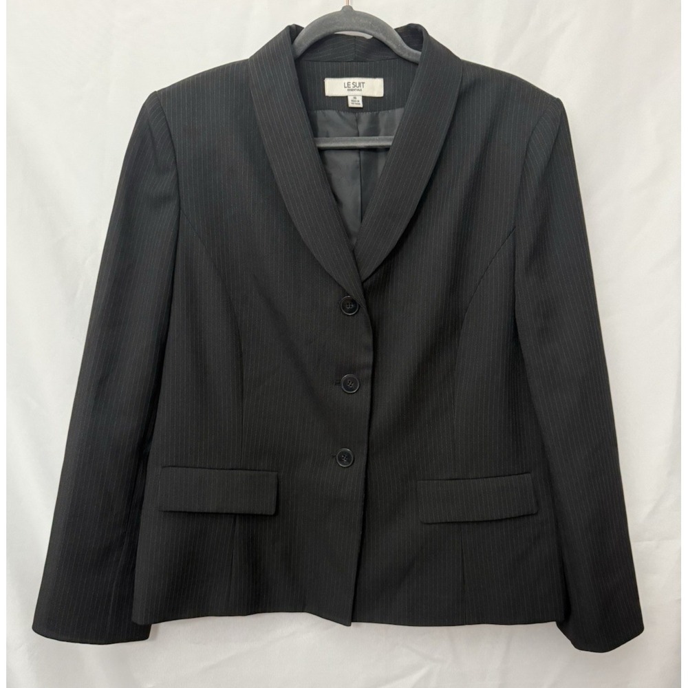 Le‎ Suit Blazer Jacket Black Pinstripe Three Button Lined Womens Size 16